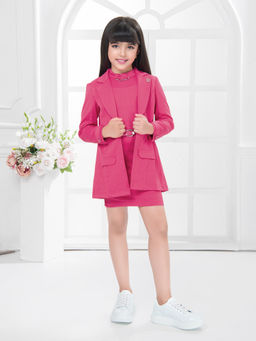 TINY BABY - Pink Solid Dress with Jacket and Belt (Set of 3)