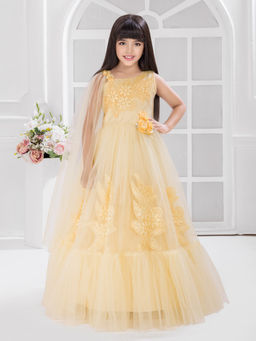 BETTY - Yellow Net Woven Sleeveless Floral Party Gown