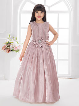 BETTY - Pink Satin Woven Sleeveless Flower Brooch Flared Party Gown