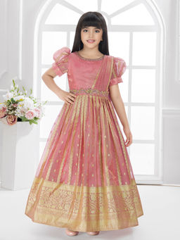BETTY - Peach Zari Work Printed Embroidered Attached Dupatta Party Gown