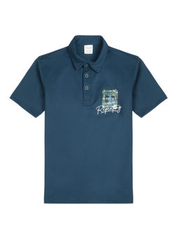 CAVIO - Boys Regular Fit Navy Blue Printed Polo T-shirt