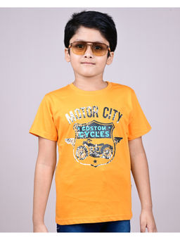 YOUMAA - Boys Orange Cotton Printed Round Neck T-Shirt