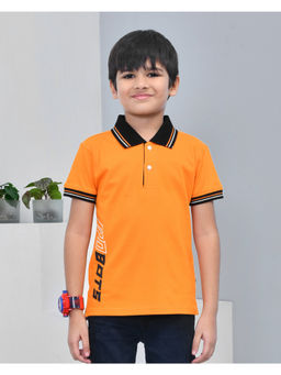 YOUMAA - Cotton Orange Typography Black Polo T-Shirt