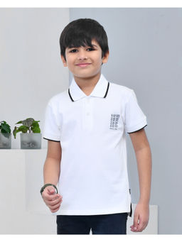 YOUMAA - Boys White Cotton Solid Polo T-Shirt