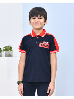 YOUMAA - Navy Blue Cotton Colorblock Polo T-Shirt