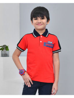 YOUMAA - Red Cotton Printed Polo T-Shirt