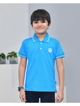 YOUMAA - Blue Cotton Solid Polo T-Shirt