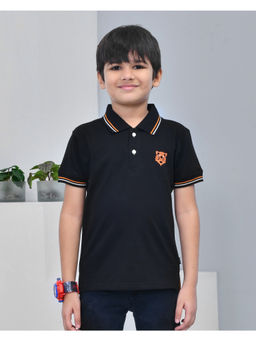 YOUMAA - Black Cotton Solid Polo T-Shirt