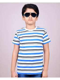 YOUMAA - Boys Cotton Striped Round Neck Blue T-Shirt