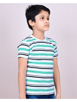 YOUMAA - Boys Cotton Striped Round Neck Green T-Shirt