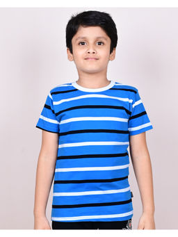 YOUMAA - Boys Cotton Striped Round Neck Blue T-Shirt