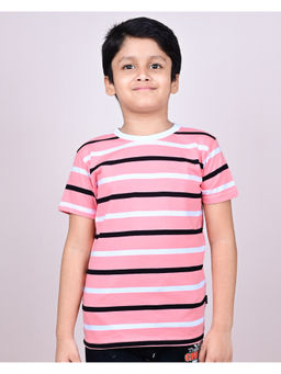 YOUMAA - Boys Cotton Striped Round Neck Pink T-Shirt