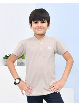 YOUMAA - Boys Cotton Solid High Neck Beige T-Shirt