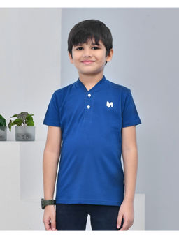 YOUMAA - Boys Cotton Solid High Neck Blue T-Shirt