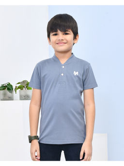 YOUMAA - Boys Cotton Solid High Neck Grey T-Shirt