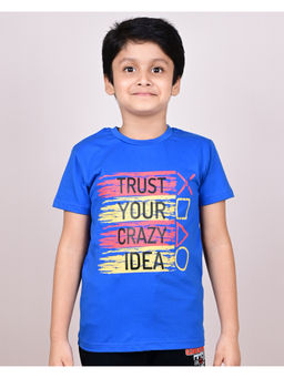 YOUMAA - Boys Cotton Typography Round Neck Royal Blue T-Shirt