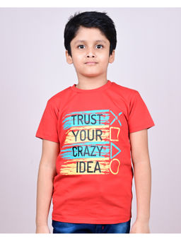 YOUMAA - Boys Cotton Typography Round Neck Tomato Red T-Shirt