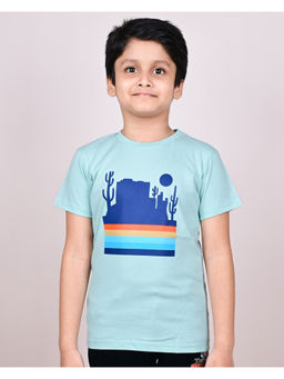 YOUMAA - Boys Cotton Printed Round Neck Blue T-Shirt