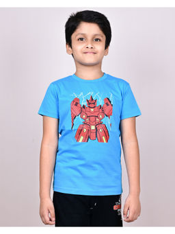 YOUMAA - Boys Cotton Printed Round Neck Malibu Blue T-Shirt
