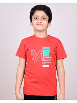 YOUMAA - Boys Cotton Typography Round Neck Tomato Red T-Shirt