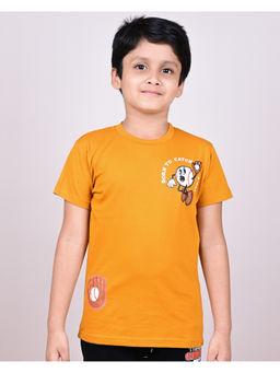YOUMAA - Boys Cotton Printed Round Neck Mustard T-Shirt