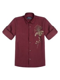 CHARCHIT - Boys Cotton Maroon Embellished Spread Collar Shirt