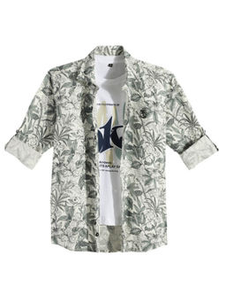 CAVIO - Boys Green Cotton Floral Printed Full Sleeve Shirt and T-shirt