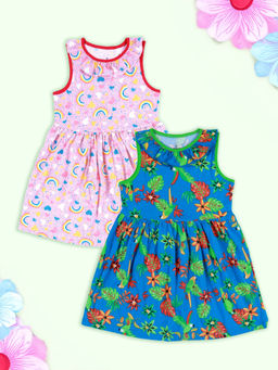 KiddoPanti - Girls Pink & Blue Printed Sleeveless Dress (Pack of 2)