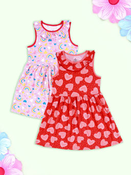 KiddoPanti - Girls Pink & Red Printed Sleeveless Dress (Pack of 2)