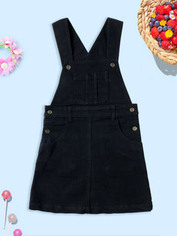 KiddoPanti - Girls Sleeveless Denim Black Solid Pinafore Dungaree Dress
