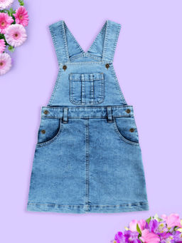 KiddoPanti - Girls Sleeveless Denim Blue Solid Pinafore Dungaree Dress