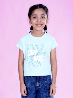 KiddoPanti - Girls Blue Cotton Flower Printed Crop Length T-shirt