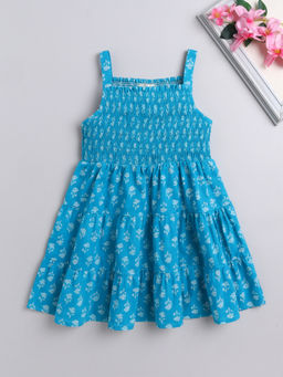 The Magic Wand - Blue Strappy Smocking All Over Printed Dress