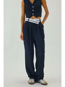 SHOP STAPLE - Navy Blue High Waist Pleated Wide Leg Pant with Belt Detail
