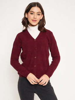 Madame - Solid Wine V-Neck Cardigan