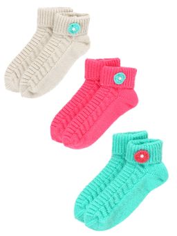 Bharatasya - Girls Ankle Winter Socks with Flower Detailing (Pack of 3) (5-10 Years)