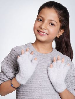 Bharatasya - Winter Grey Fur Warm Soft Woolen Half Finger Gloves (5-10 Years)