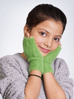 Bharatasya - Winter Green Fur Warm Soft Woolen Half Finger Gloves (5-10 Years)