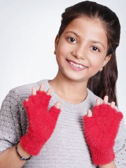 Bharatasya - Winter Red Fur Warm Soft Woolen Half Finger Gloves (5-10 Years)