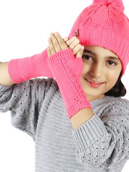 Bharatasya - Unisex Pink Knitted Fingerless Thermal Gloves (5-10 Years)