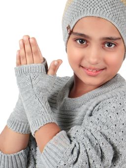 Bharatasya - Unisex Grey Knitted Fingerless Thermal Gloves (5-10 Years)