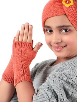 Bharatasya - Unisex Orange Knitted Fingerless Thermal Gloves (5-10 Years)