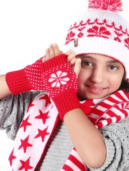 Bharatasya - Unisex Red Knitted Christmas Pattern Winter Gloves (5-10 Years)