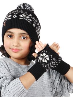 Bharatasya - Unisex Black Knitted Christmas Pattern Winter Gloves (5-10 Years)
