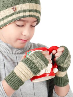 Bharatasya - Unisex Green Woven Knitted Colorblock Gloves (5-10 Years)