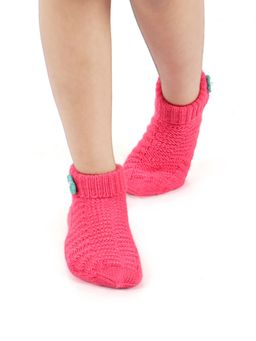 Bharatasya - Girls Pink Ankle Winter Socks with Flower Detailing (5-10 Years)