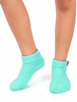 Bharatasya - Girls Green Ankle Winter Socks with Flower Detailing (5-10 Years)