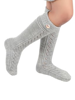 Bharatasya - Girls Grey Knee Length Woolen Socks with Button Detailing (5-10 Years)