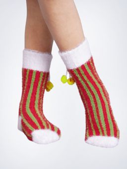 Bharatasya - Winter Red Striped Fur Warm Soft Woolen Socks For Boys & Girls (5-10 Years)