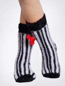 Bharatasya - Winter Black Striped Fur Warm Soft Woolen Socks For Boys & Girls (5-10 Years)